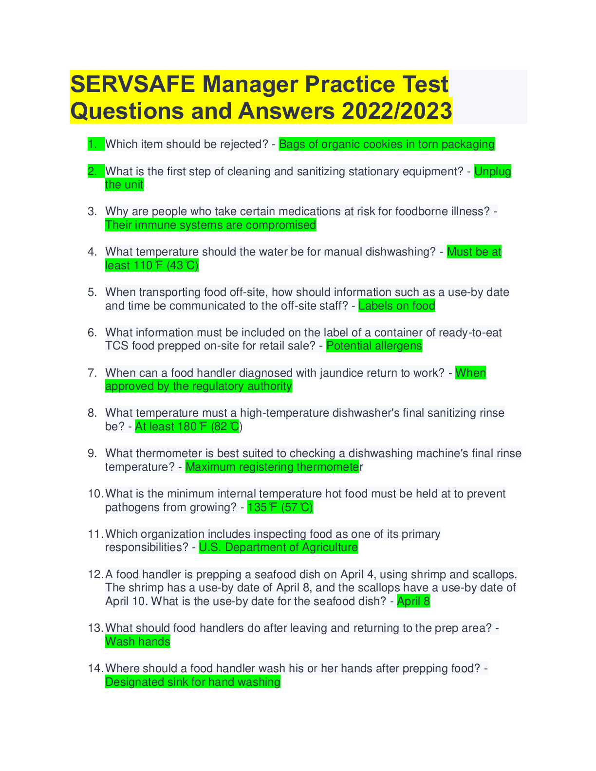 SERVSAFE Manager Practice Test Questions and Answers 2022/2023